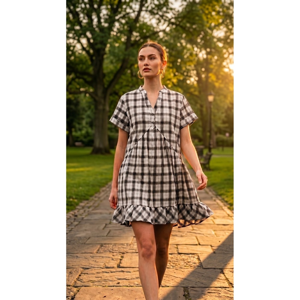 Crinkle Cotton Plaid Babydoll Midi Dress S Brown/White Boho Beachy NWOT